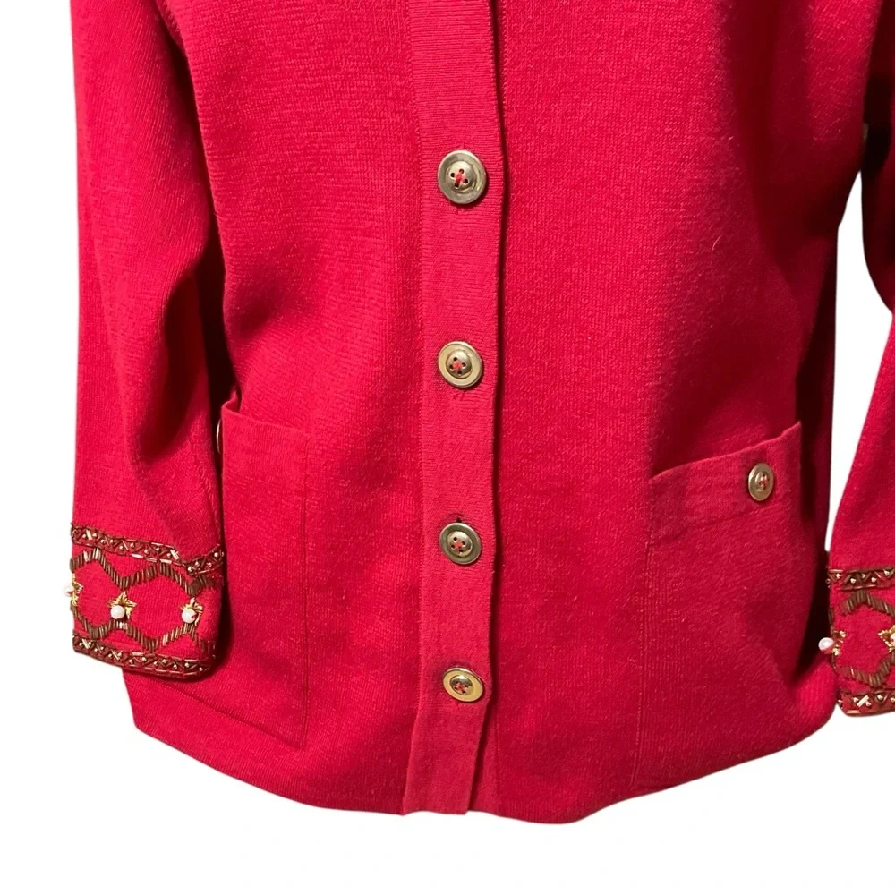 Carol Patterson Knits Women’s Embellished Linen Blend Red. Vintage Cardigan. MED